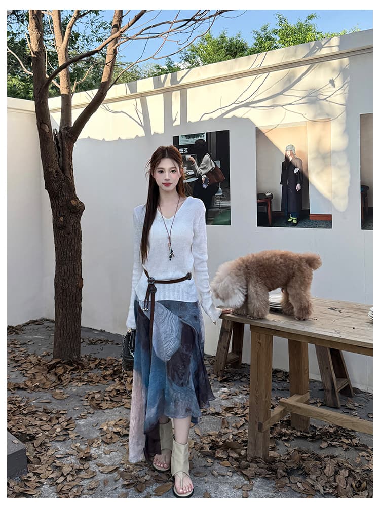 실사 가을 새로운 단색 후드 니트 스웨터 쉬폰 홀치기 염색 반신 스커트 투피스 세트 여성복 상세 이미지 18