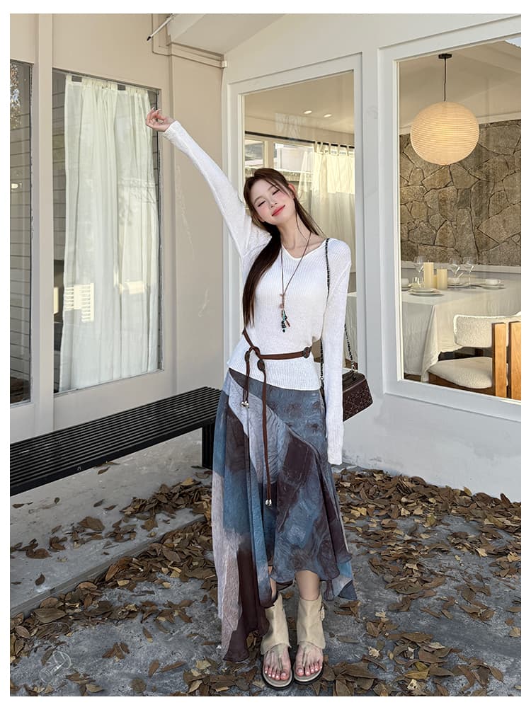 실사 가을 새로운 단색 후드 니트 스웨터 쉬폰 홀치기 염색 반신 스커트 투피스 세트 여성복 상세 이미지 21