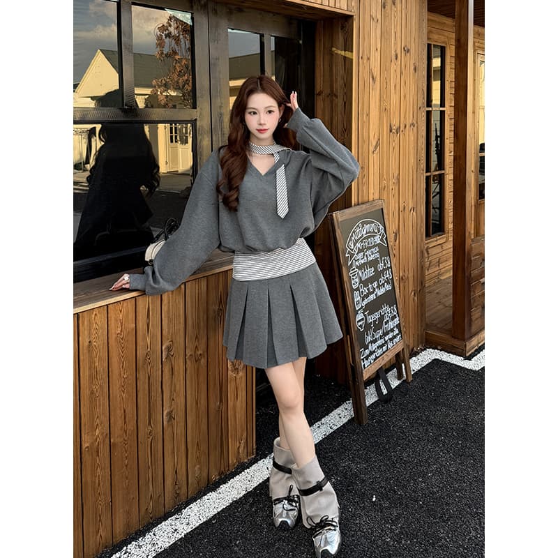 실사 가을 새로운 넥타이 스트라이프 패치워크 후드티 반신 스커트 투피스 세트 여성 레저 세트 이미지 2