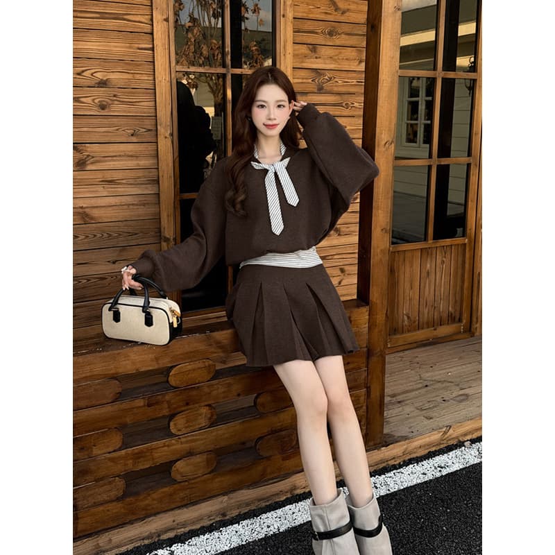 실사 가을 새로운 넥타이 스트라이프 패치워크 후드티 반신 스커트 투피스 세트 여성 레저 세트 이미지 5