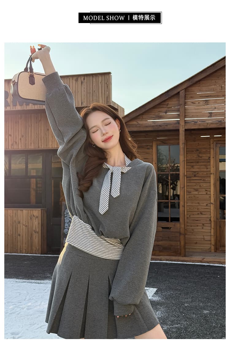 실사 가을 새로운 넥타이 스트라이프 패치워크 후드티 반신 스커트 투피스 세트 여성 레저 세트 상세 이미지 3