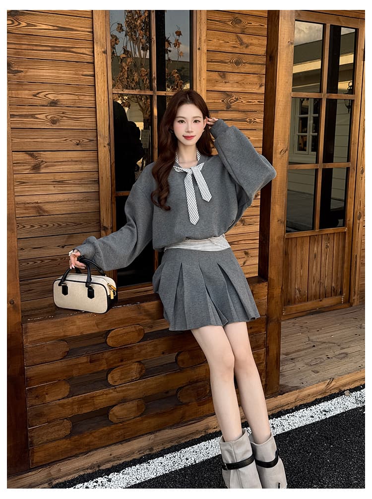 실사 가을 새로운 넥타이 스트라이프 패치워크 후드티 반신 스커트 투피스 세트 여성 레저 세트 상세 이미지 8