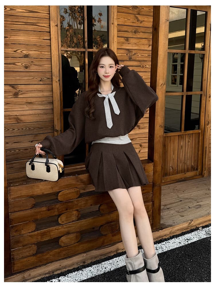 실사 가을 새로운 넥타이 스트라이프 패치워크 후드티 반신 스커트 투피스 세트 여성 레저 세트 상세 이미지 17