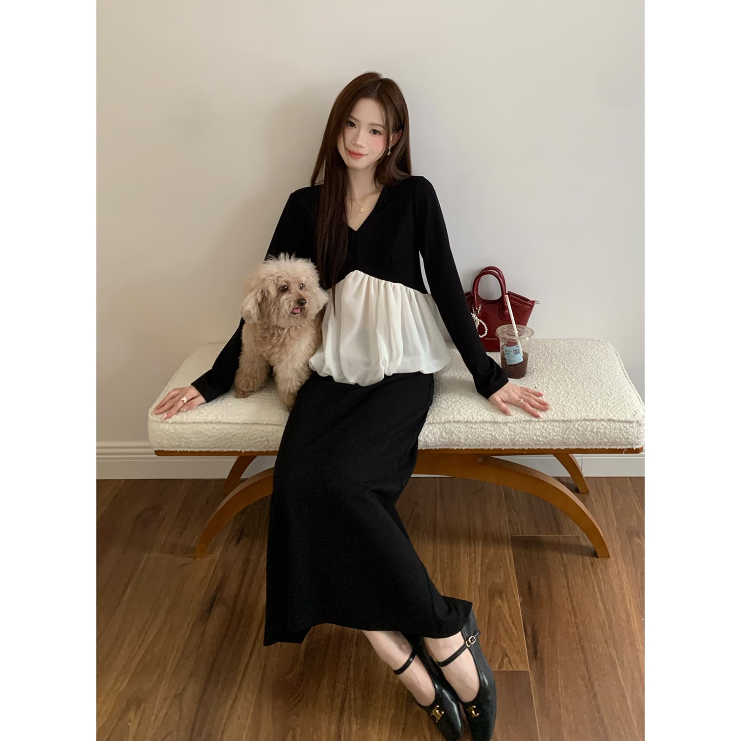 실사 원본 품질 가을 새로운 프랑스식 우아함 패치워크 맨위 반신 스커트 여성 패션 세트 이미지 2