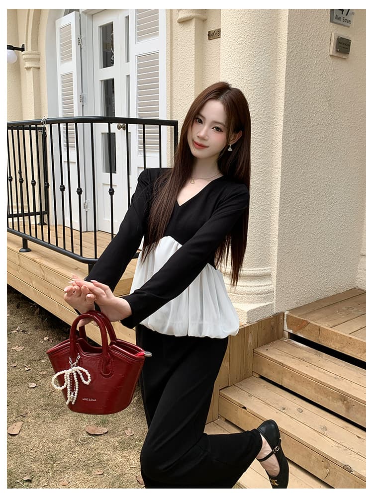실사 원본 품질 가을 새로운 프랑스식 우아함 패치워크 맨위 반신 스커트 여성 패션 세트 상세 이미지 5