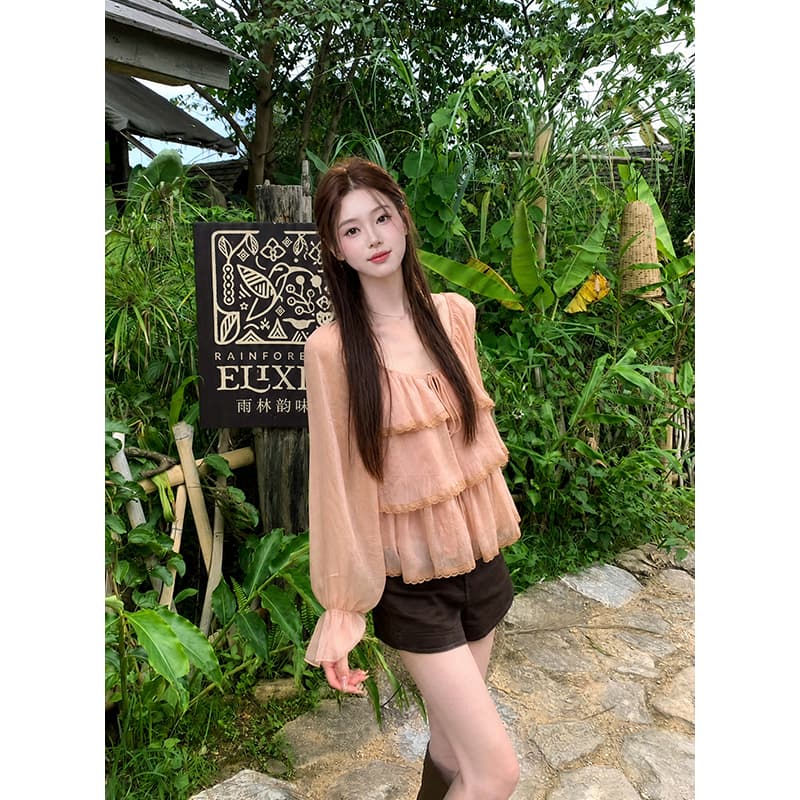 실사 가을 새로운 프랑스식 광장 칼라 단색 맨위 작은 셔츠 레이스업 긴팔 광택 실 시폰 셔츠 여성 이미지 4