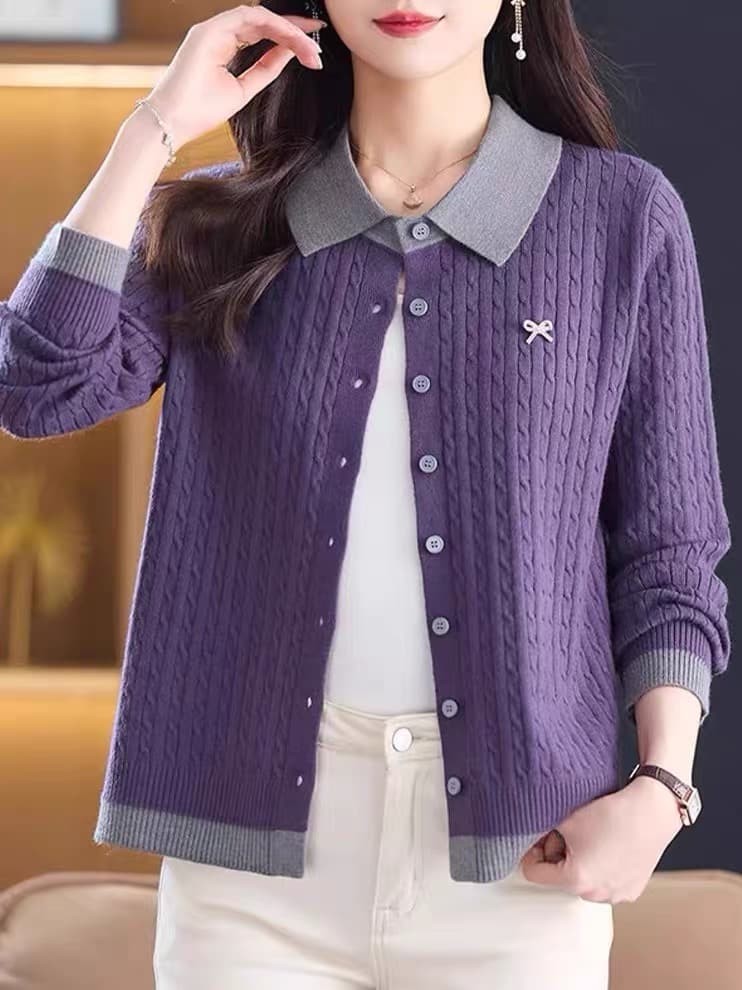 바이올렛 배색 폴로 칼라 니트 오픈 가디건 고급 회색 허리밴드 캐주얼 바지 세트 이미지 4