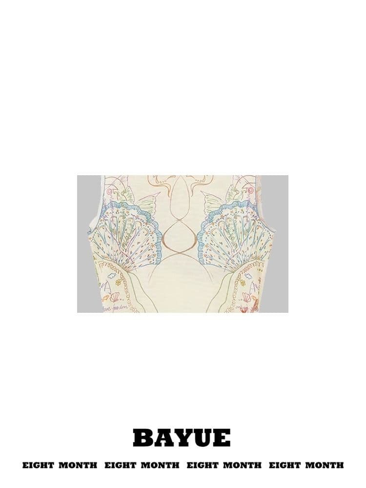 민소매 작은 터틀넥 조끼 티셔츠 여성 여름 아메리칸 핫걸 프린트 조개 대양 테마 망사 슬림해 보이는 기본 셔츠 상세 이미지 9