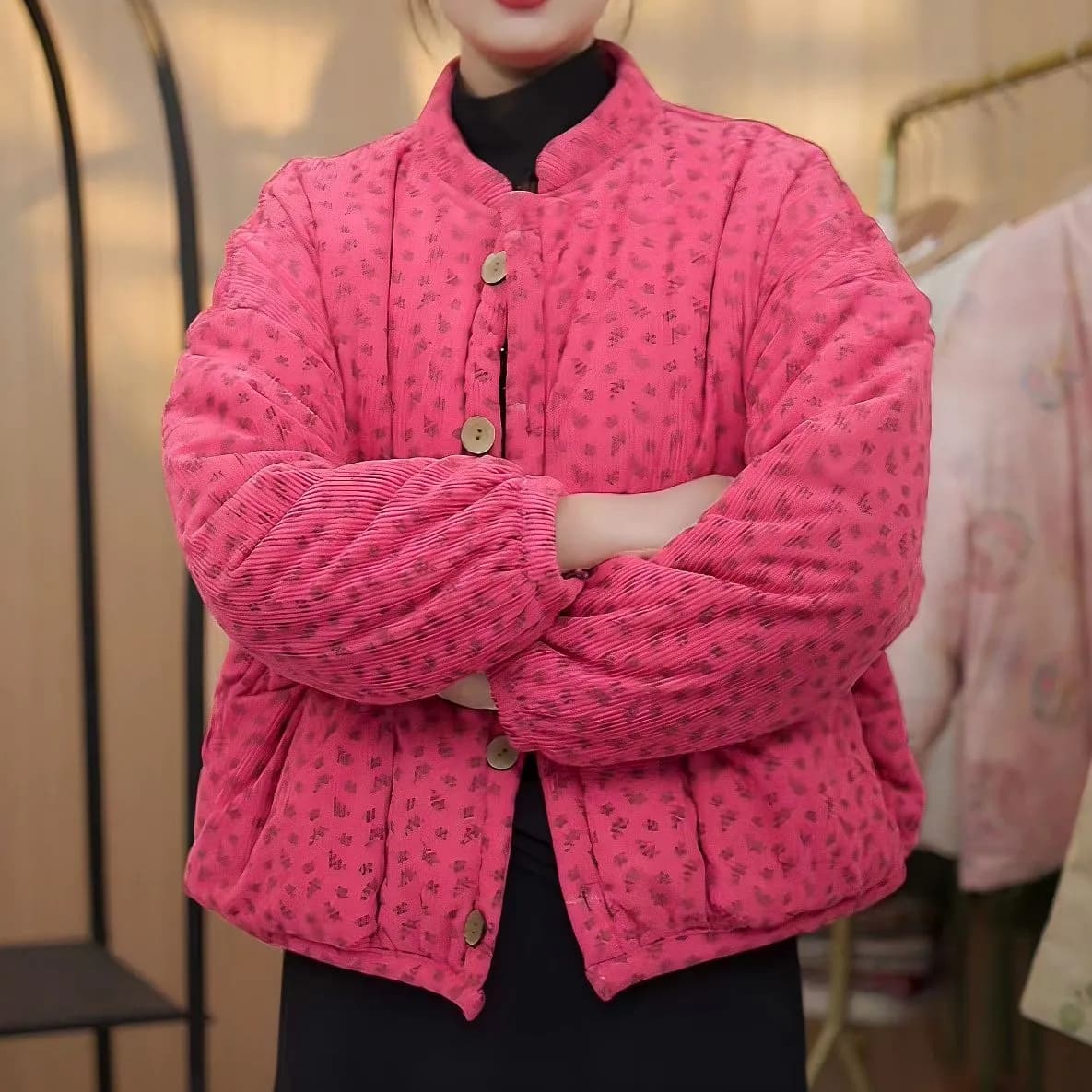 면 옷 여성 의류 여성 털이 있는 모피 칼라 꽃무늬 면 의류 다용도 여성 보온 맨위 캐주얼 재킷 상세 이미지 1