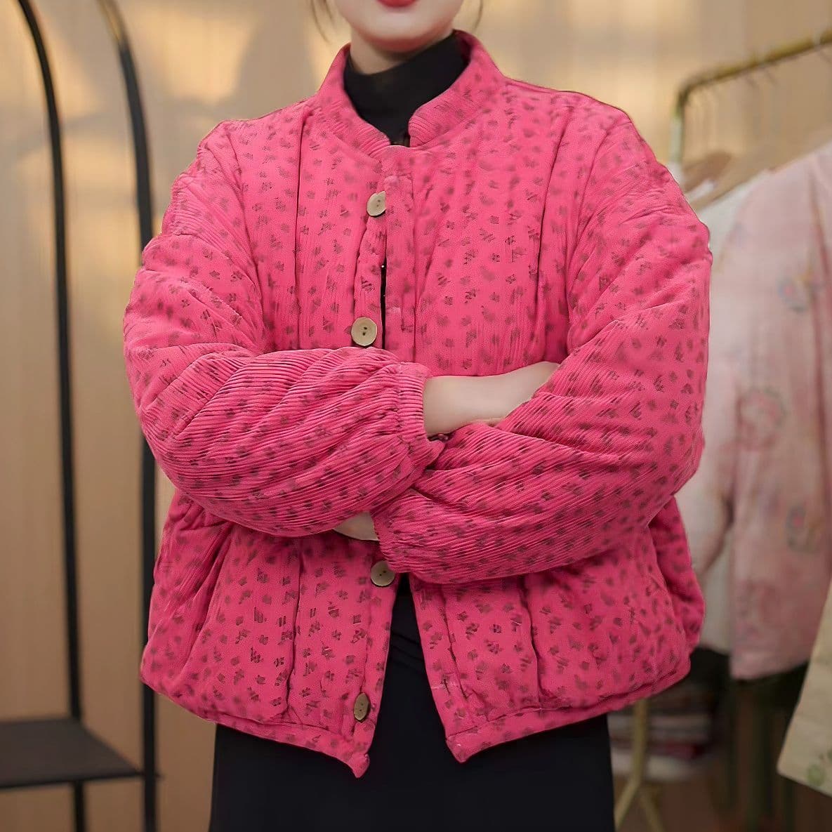 면 옷 여성 의류 여성 털이 있는 모피 칼라 꽃무늬 면 의류 다용도 여성 보온 맨위 캐주얼 재킷 상세 이미지 9