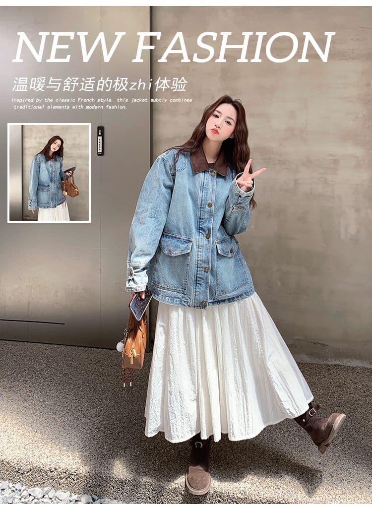 배색 패치워크 데님 여성 코트 가을 2025 새로운 항구 바람 레트로 작은 키 캐주얼 다용도 재킷 폭발 상세 이미지 6