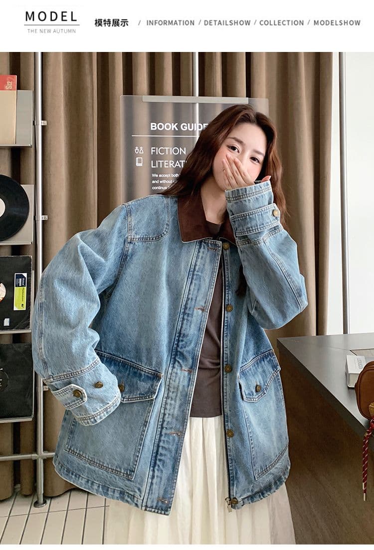 배색 패치워크 데님 여성 코트 가을 2025 새로운 항구 바람 레트로 작은 키 캐주얼 다용도 재킷 폭발 상세 이미지 11