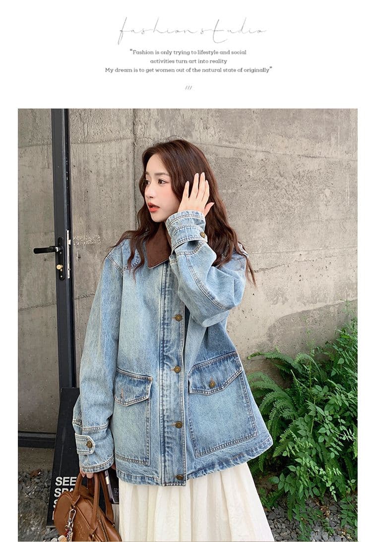 배색 패치워크 데님 여성 코트 가을 2025 새로운 항구 바람 레트로 작은 키 캐주얼 다용도 재킷 폭발 상세 이미지 12