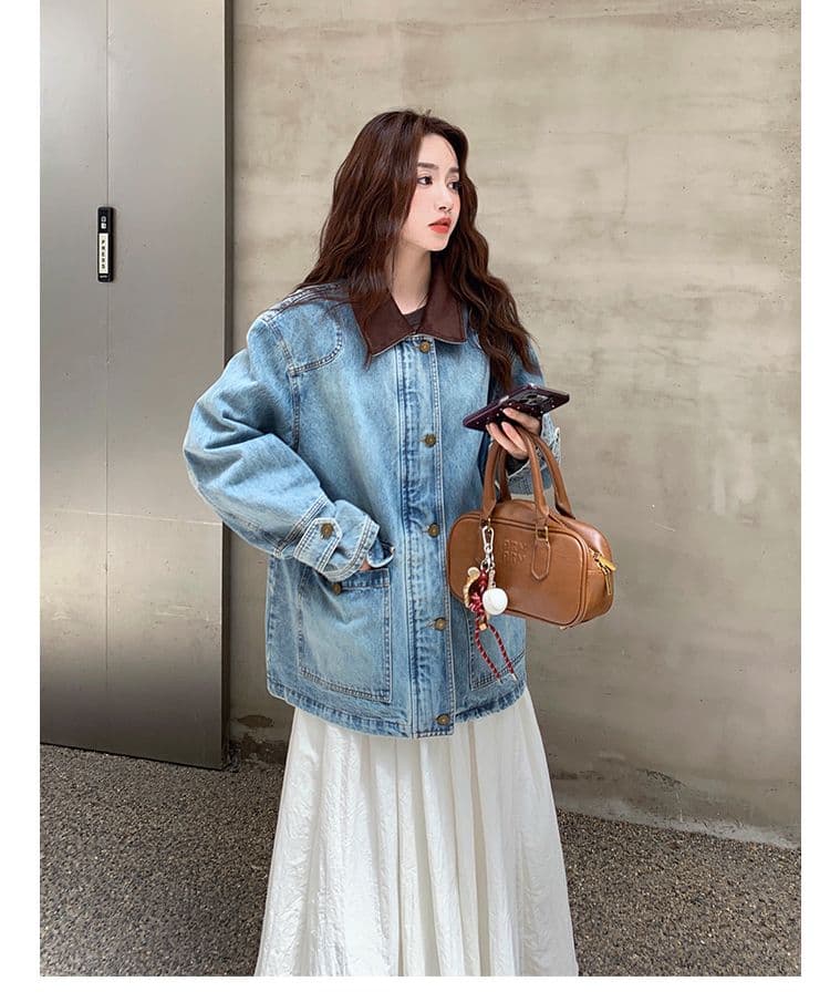 배색 패치워크 데님 여성 코트 가을 2025 새로운 항구 바람 레트로 작은 키 캐주얼 다용도 재킷 폭발 상세 이미지 13