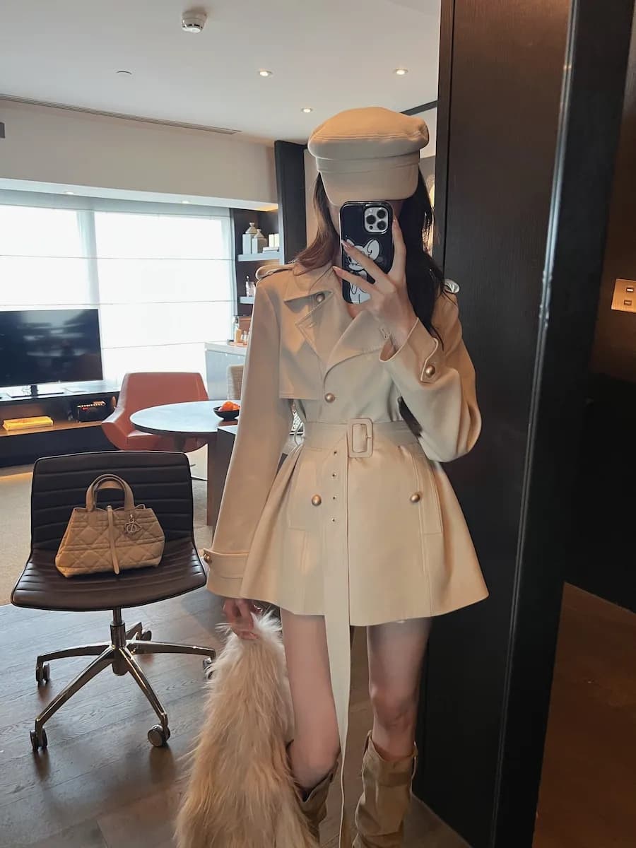 영국식 바람 폴로 칼라 이중 버튼 허리 수축 레이스업 카키 색 바람막이 여성 품격 쇼트 스타일 재킷 상세 이미지 2