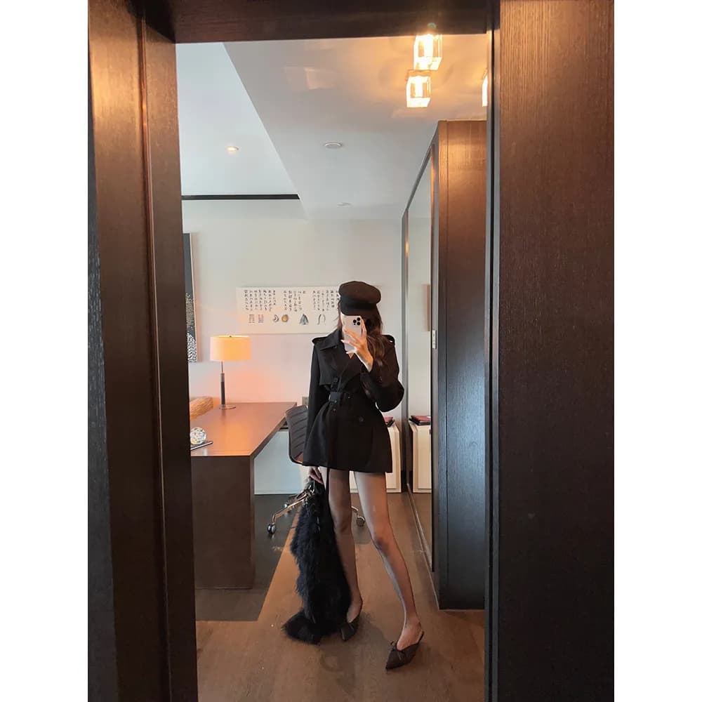 영국식 바람 폴로 칼라 이중 버튼 허리 수축 레이스업 카키 색 바람막이 여성 품격 쇼트 스타일 재킷 상세 이미지 3