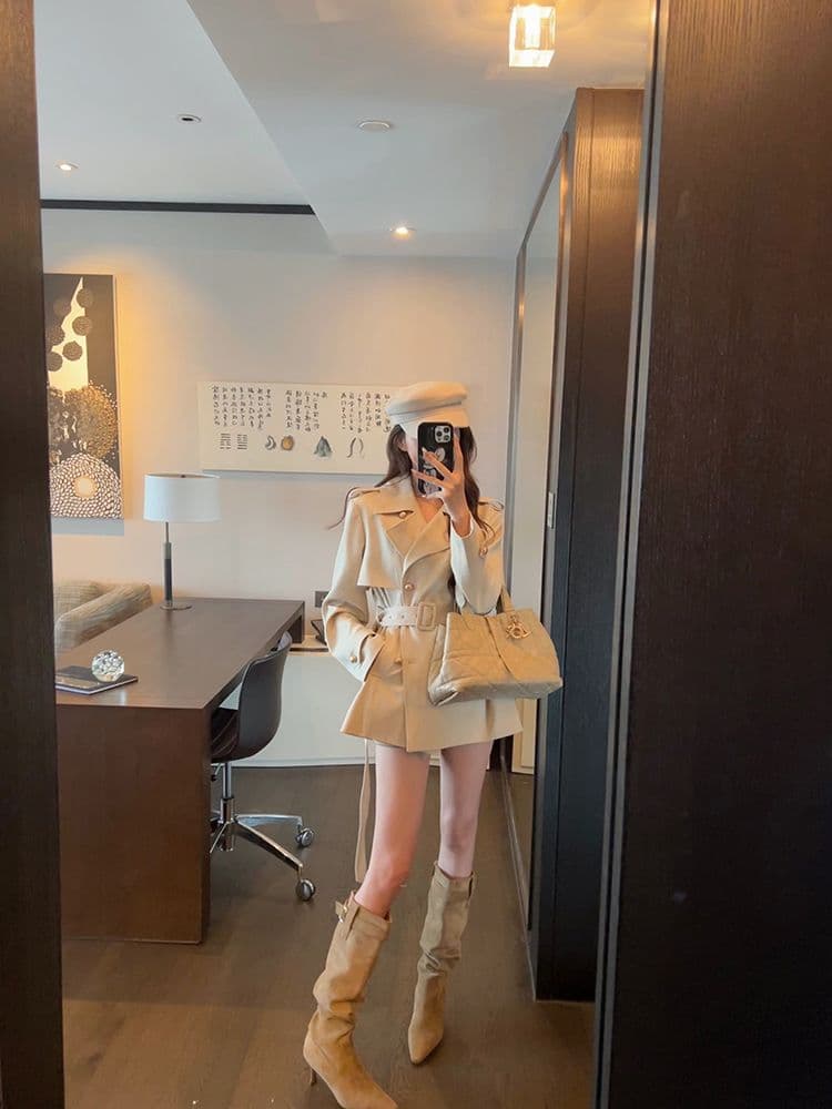 영국식 바람 폴로 칼라 이중 버튼 허리 수축 레이스업 카키 색 바람막이 여성 품격 쇼트 스타일 재킷 상세 이미지 5