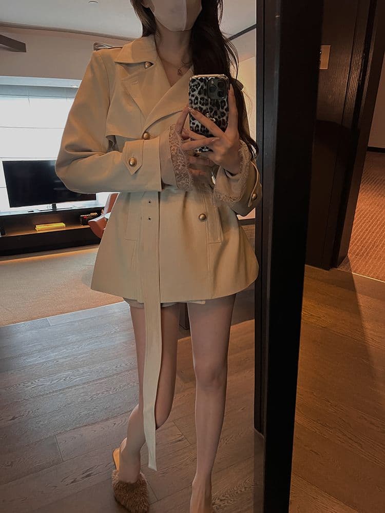 영국식 바람 폴로 칼라 이중 버튼 허리 수축 레이스업 카키 색 바람막이 여성 품격 쇼트 스타일 재킷 상세 이미지 10