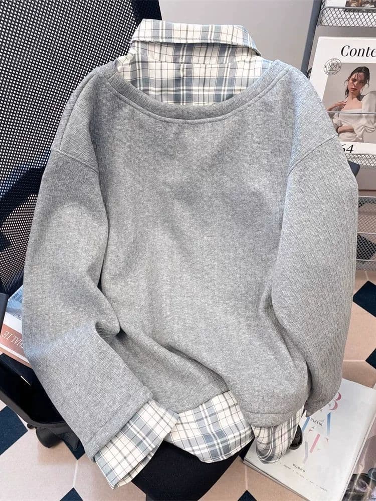 한 부서 페이크 레이어드 격자 무늬 셔츠 패치워크 POLO 칼라 후드티 남녀 가을 겨울 작은 대중 나비 자수 긍정적 인 어깨 의류 이미지 4
