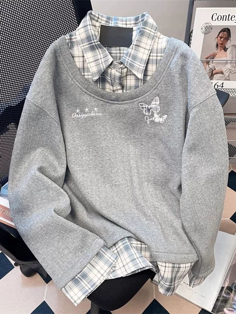 한 부서 페이크 레이어드 격자 무늬 셔츠 패치워크 POLO 칼라 후드티 남녀 가을 겨울 작은 대중 나비 자수 긍정적 인 어깨 의류