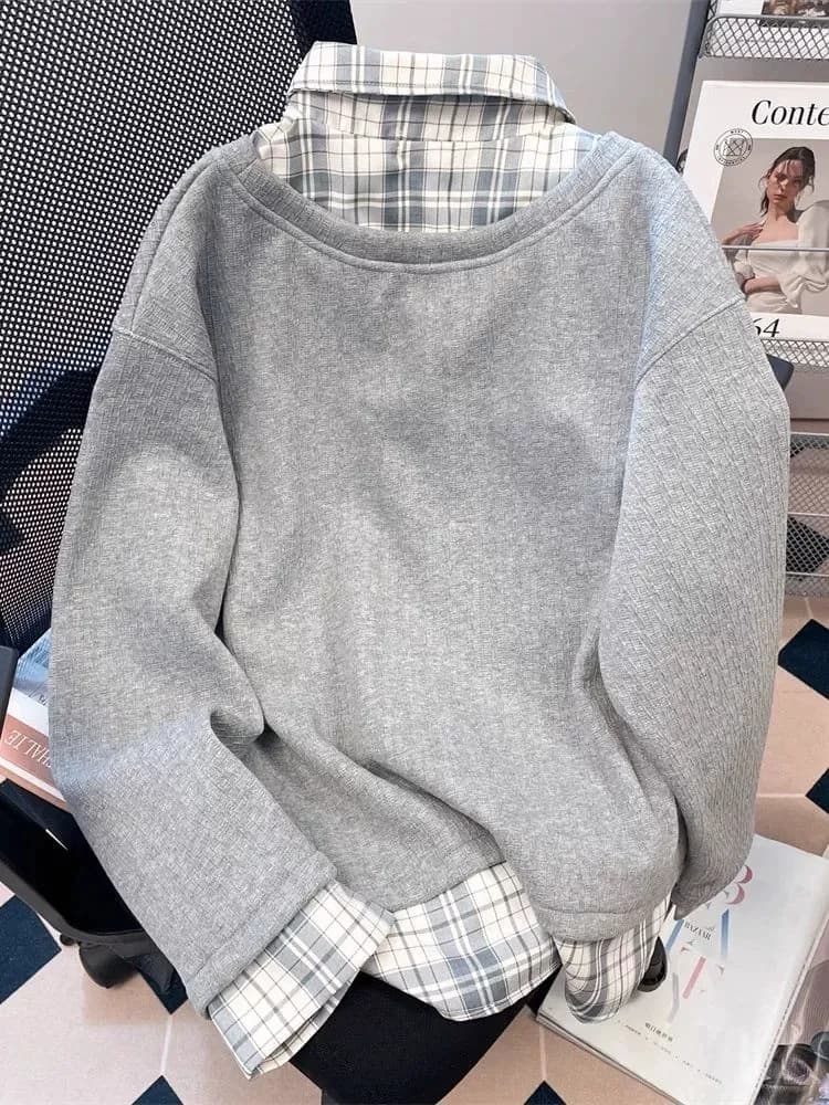 한 부서 페이크 레이어드 격자 무늬 셔츠 패치워크 POLO 칼라 후드티 남녀 가을 겨울 작은 대중 나비 자수 긍정적 인 어깨 의류 상세 이미지 2