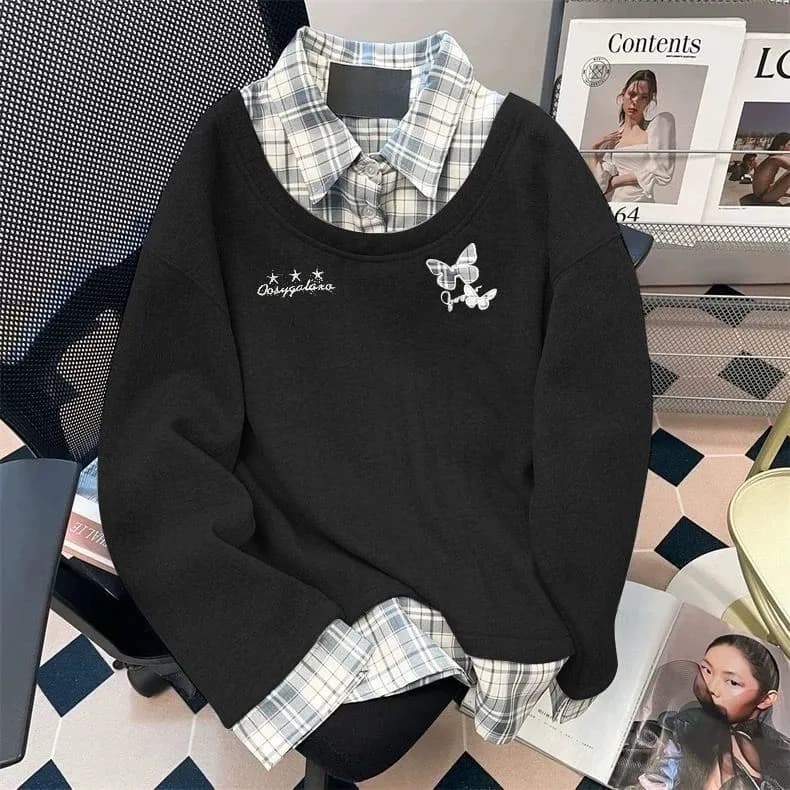 한 부서 페이크 레이어드 격자 무늬 셔츠 패치워크 POLO 칼라 후드티 남녀 가을 겨울 작은 대중 나비 자수 긍정적 인 어깨 의류 상세 이미지 3