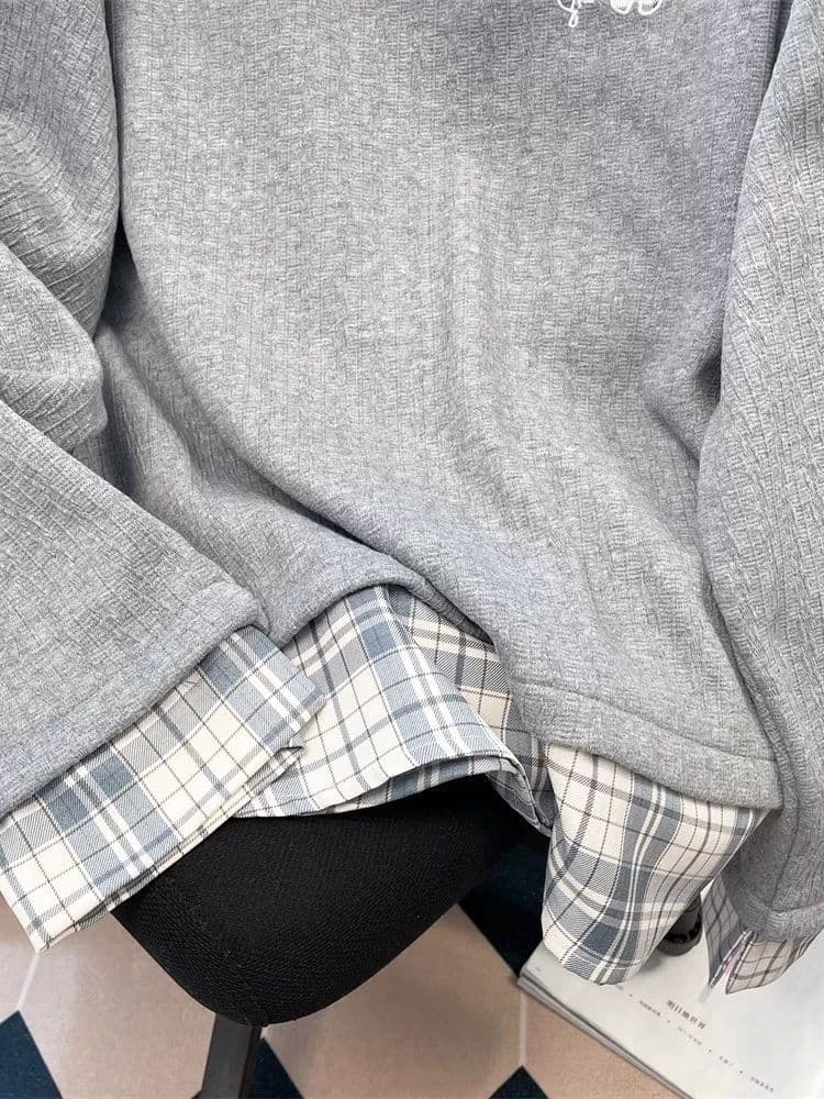 한 부서 페이크 레이어드 격자 무늬 셔츠 패치워크 POLO 칼라 후드티 남녀 가을 겨울 작은 대중 나비 자수 긍정적 인 어깨 의류 상세 이미지 8