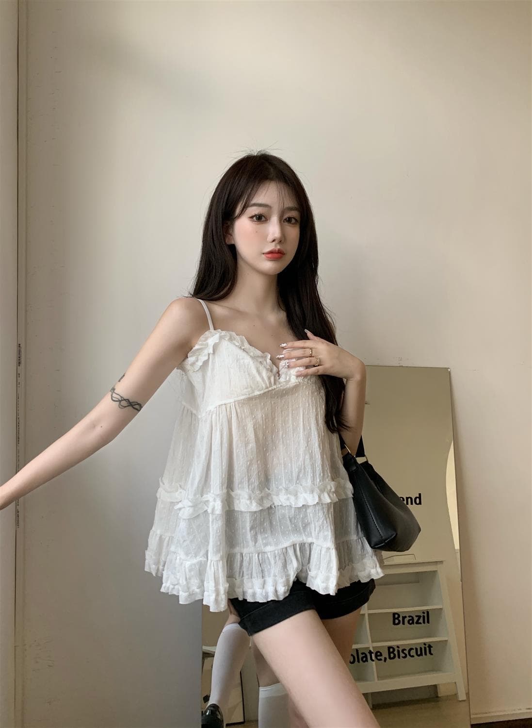한국 스타일 V넥 순수한 욕망 외출용 패치워크 슬림해 보이는 슬립
