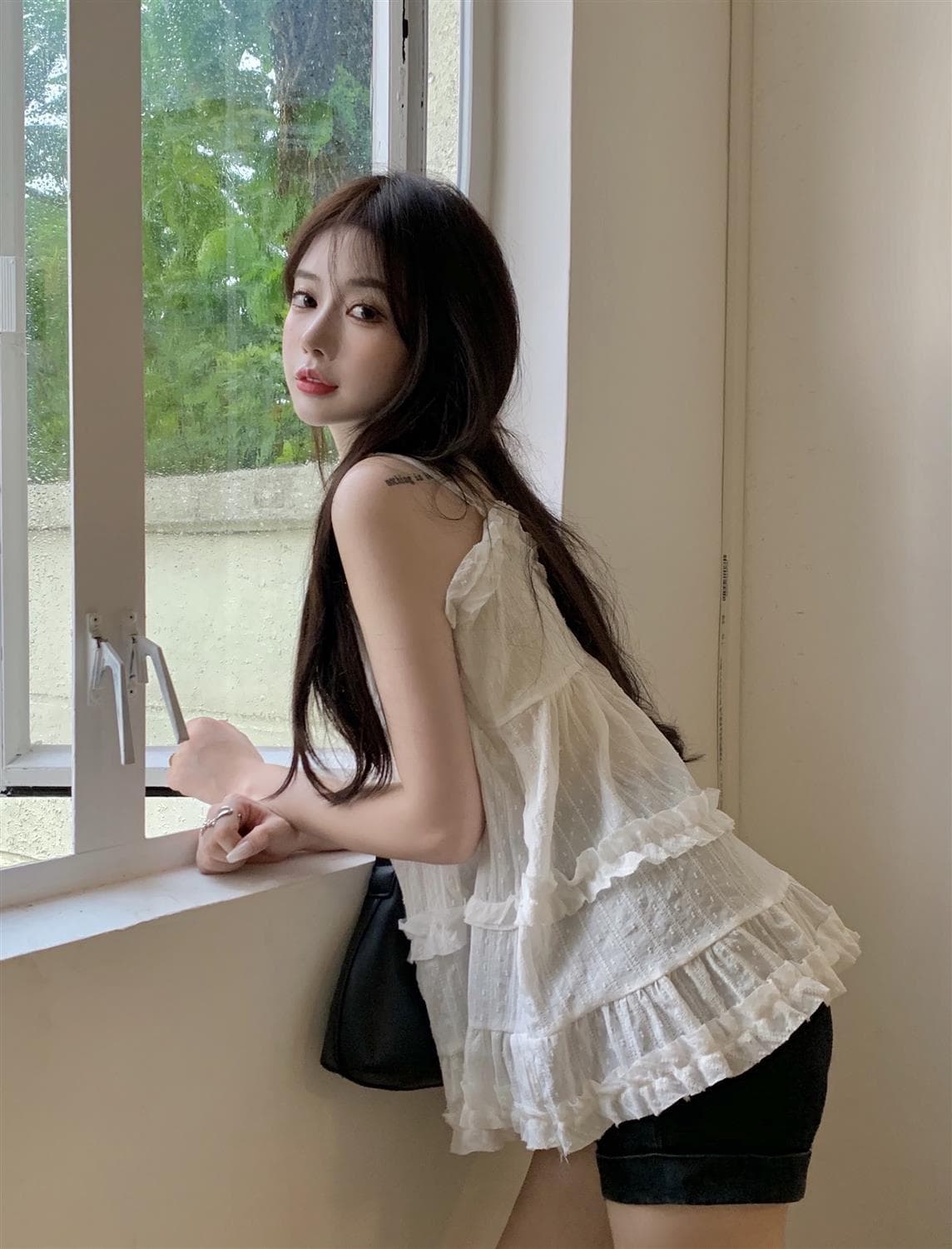 한국 스타일 V넥 순수한 욕망 외출용 패치워크 슬림해 보이는 슬립 이미지 2