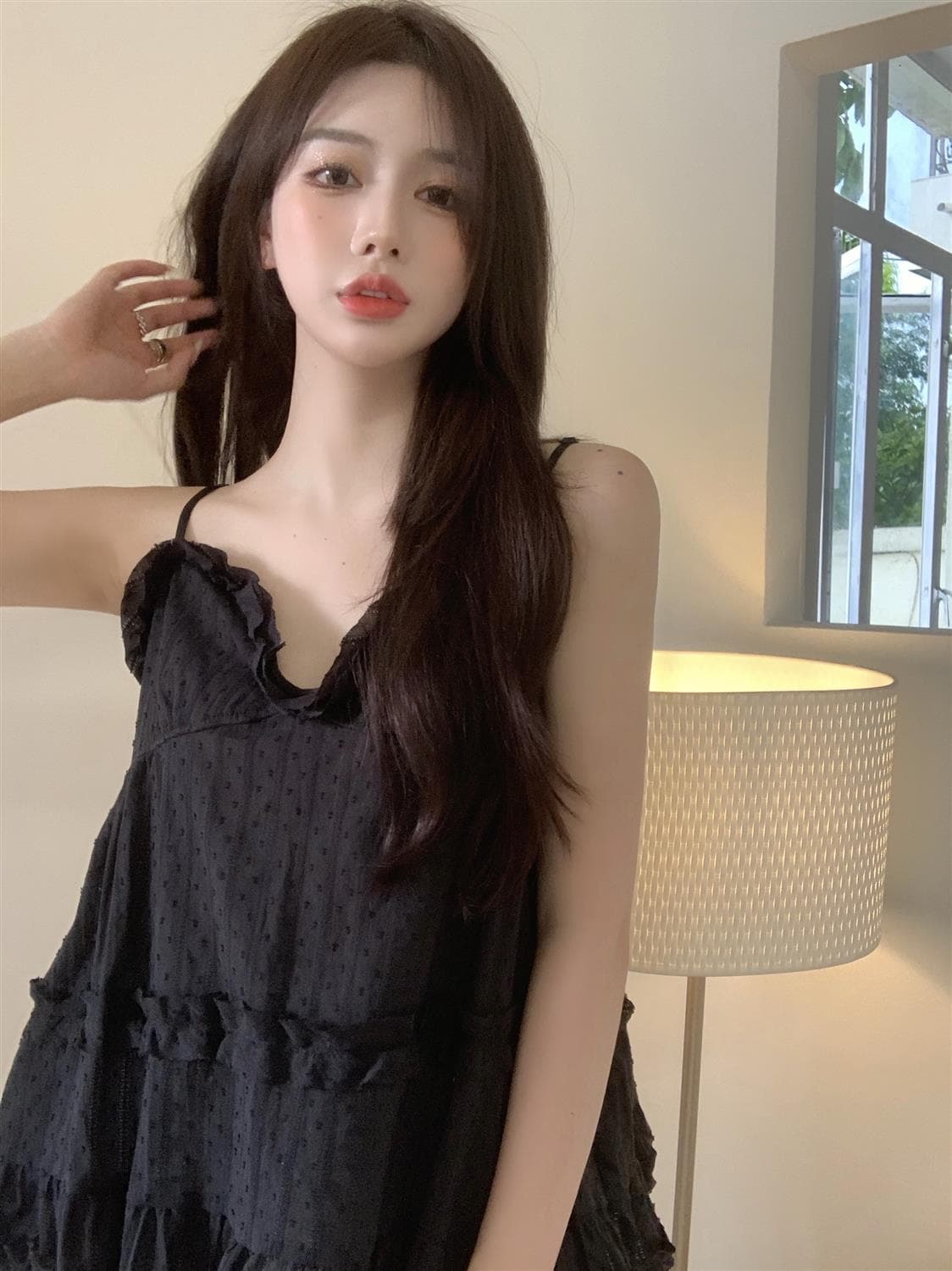 한국 스타일 V넥 순수한 욕망 외출용 패치워크 슬림해 보이는 슬립 이미지 3