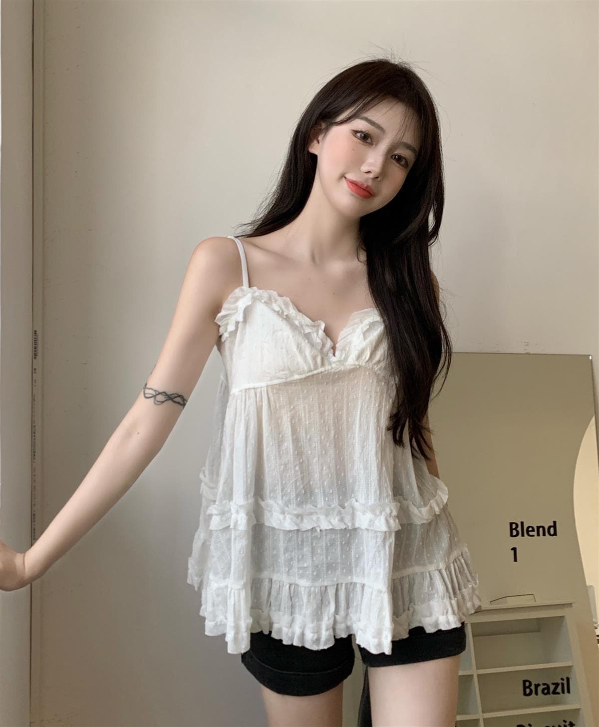 한국 스타일 V넥 순수한 욕망 외출용 패치워크 슬림해 보이는 슬립 상세 이미지 2