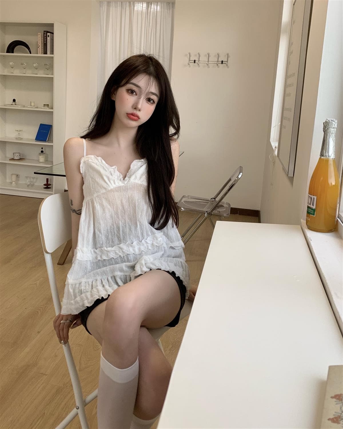 한국 스타일 V넥 순수한 욕망 외출용 패치워크 슬림해 보이는 슬립 상세 이미지 5