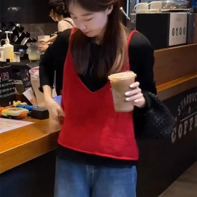 이른 가을 새로운 양면 착용 니트 슬립 조끼 여자 외국 가스 디스플레이 화이트 연령 감소 조끼 스택 착용 맨위 ins 다용도 이미지 2