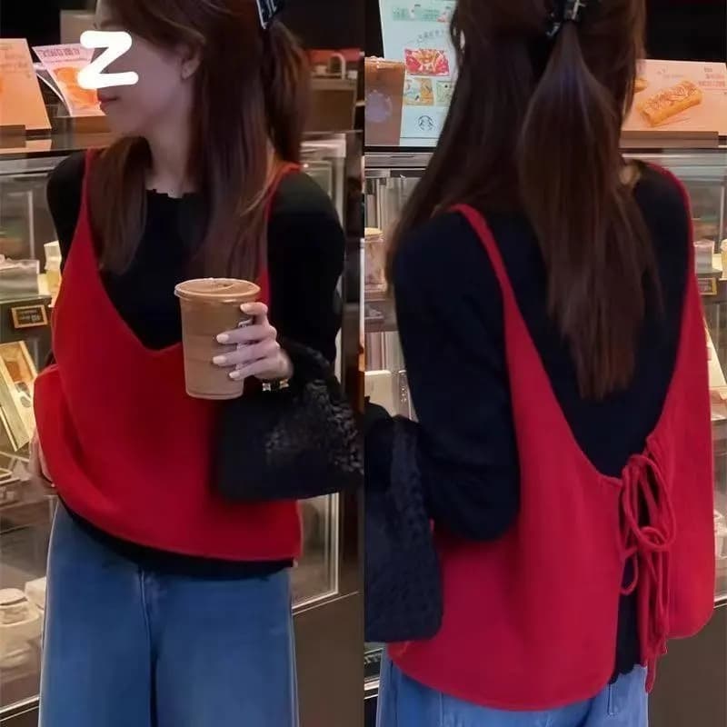 이른 가을 새로운 양면 착용 니트 슬립 조끼 여자 외국 가스 디스플레이 화이트 연령 감소 조끼 스택 착용 맨위 ins 다용도