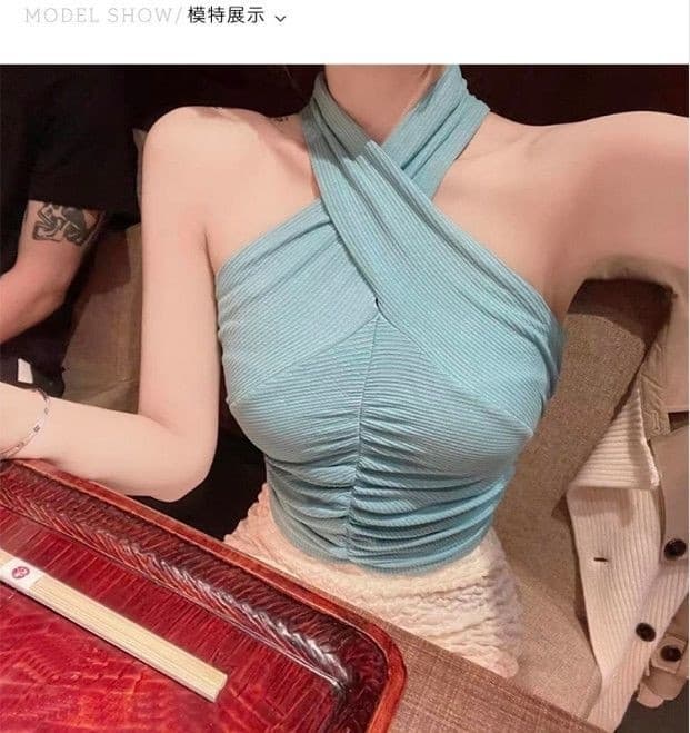 한국 스타일 고급 행침 목 캐미솔 2026 봄 여름 새로운 순수한 욕망 절단 남자 몸매 가꾸기 슬림해 보이는 주름 장식 짧은 맨위 상세 이미지 3