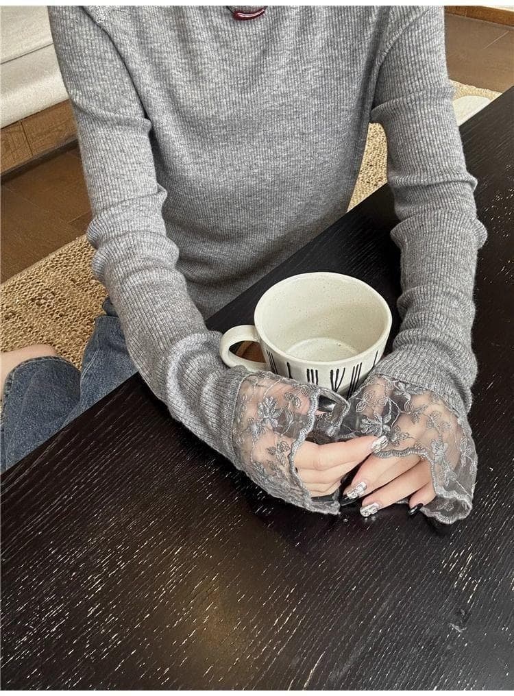 레이스 조각 마이크로 나팔 소매 인사이드 가져 가라. 기본 셔츠 여성 가을과 겨울 수 있습니다. 외출용 티셔츠 외국 가스 패션 긴팔 맨위 상세 이미지 12