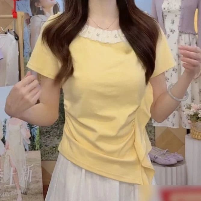 한 부서 달콤함 여름 2026 새로운 주름 연령 감소 레이스 반팔 티셔츠 여성 불규칙 미니멀리즘 맨위 여성