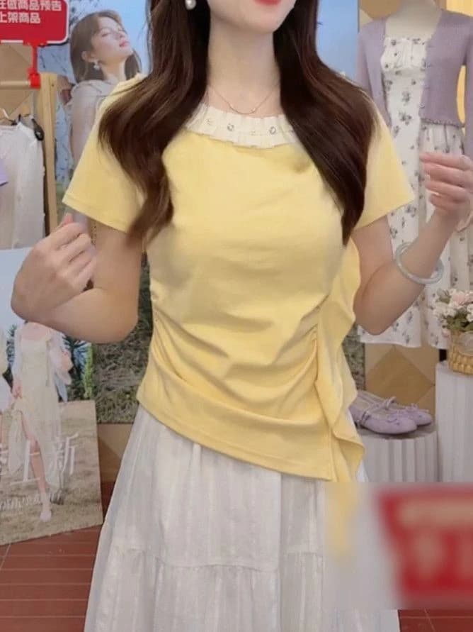 한 부서 달콤함 여름 2026 새로운 주름 연령 감소 레이스 반팔 티셔츠 여성 불규칙 미니멀리즘 맨위 여성 이미지 3
