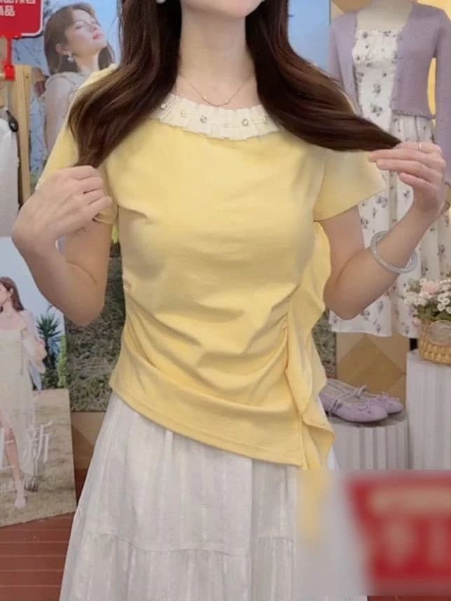 한 부서 달콤함 여름 2026 새로운 주름 연령 감소 레이스 반팔 티셔츠 여성 불규칙 미니멀리즘 맨위 여성 이미지 4