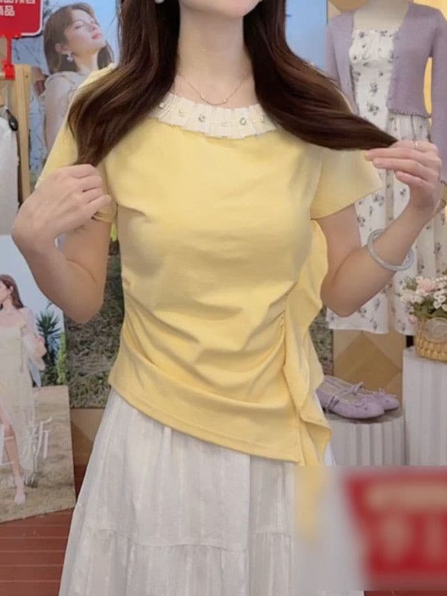 한 부서 달콤함 여름 2026 새로운 주름 연령 감소 레이스 반팔 티셔츠 여성 불규칙 미니멀리즘 맨위 여성 상세 이미지 5