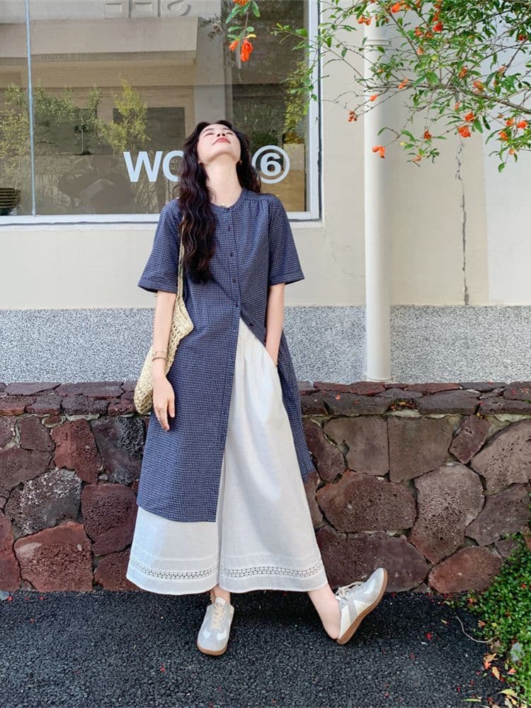 작은 청신 격자 무늬 셔츠 드레스 와이드 레그 팬츠 세트 여성 여름 2026 새로운 투피스 세트 ootd 착용 가져 가라. 연령 감소