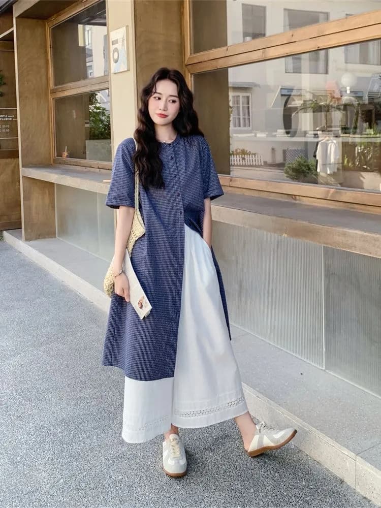 작은 청신 격자 무늬 셔츠 드레스 와이드 레그 팬츠 세트 여성 여름 2026 새로운 투피스 세트 ootd 착용 가져 가라. 연령 감소 이미지 2