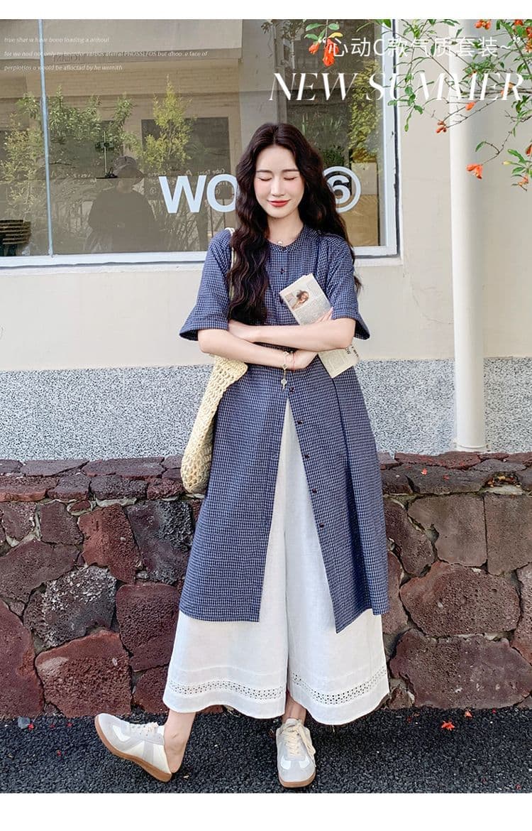 작은 청신 격자 무늬 셔츠 드레스 와이드 레그 팬츠 세트 여성 여름 2026 새로운 투피스 세트 ootd 착용 가져 가라. 연령 감소 상세 이미지 2
