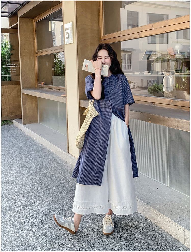 작은 청신 격자 무늬 셔츠 드레스 와이드 레그 팬츠 세트 여성 여름 2026 새로운 투피스 세트 ootd 착용 가져 가라. 연령 감소 상세 이미지 4