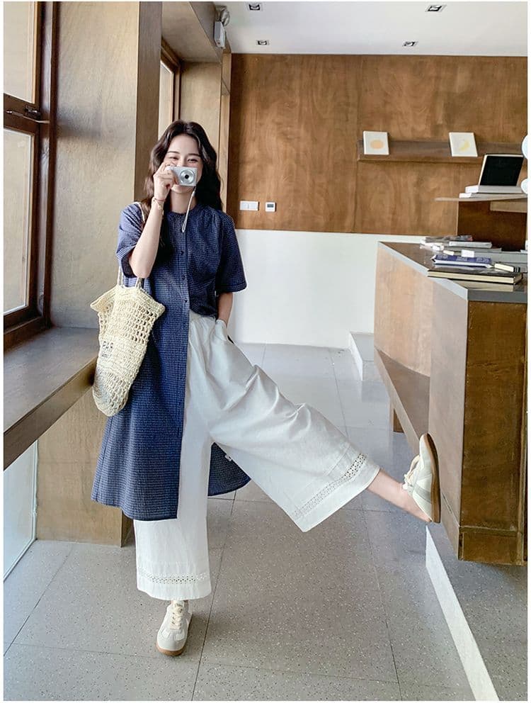 작은 청신 격자 무늬 셔츠 드레스 와이드 레그 팬츠 세트 여성 여름 2026 새로운 투피스 세트 ootd 착용 가져 가라. 연령 감소 상세 이미지 5