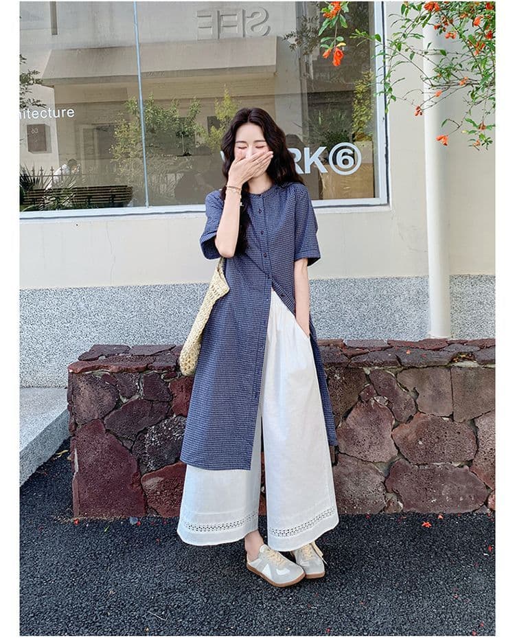 작은 청신 격자 무늬 셔츠 드레스 와이드 레그 팬츠 세트 여성 여름 2026 새로운 투피스 세트 ootd 착용 가져 가라. 연령 감소 상세 이미지 6