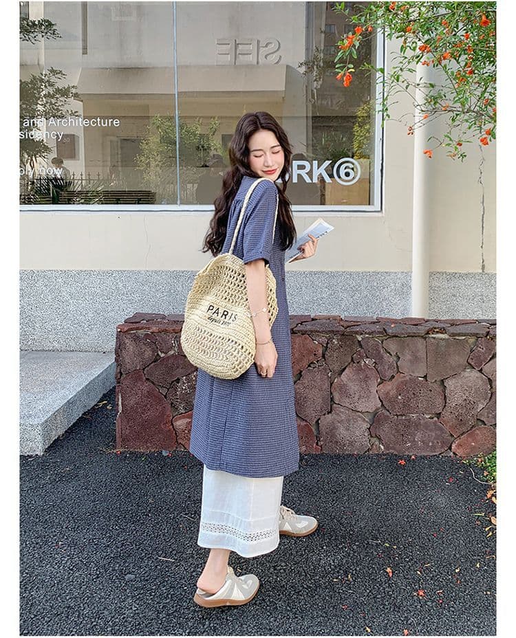 작은 청신 격자 무늬 셔츠 드레스 와이드 레그 팬츠 세트 여성 여름 2026 새로운 투피스 세트 ootd 착용 가져 가라. 연령 감소 상세 이미지 7