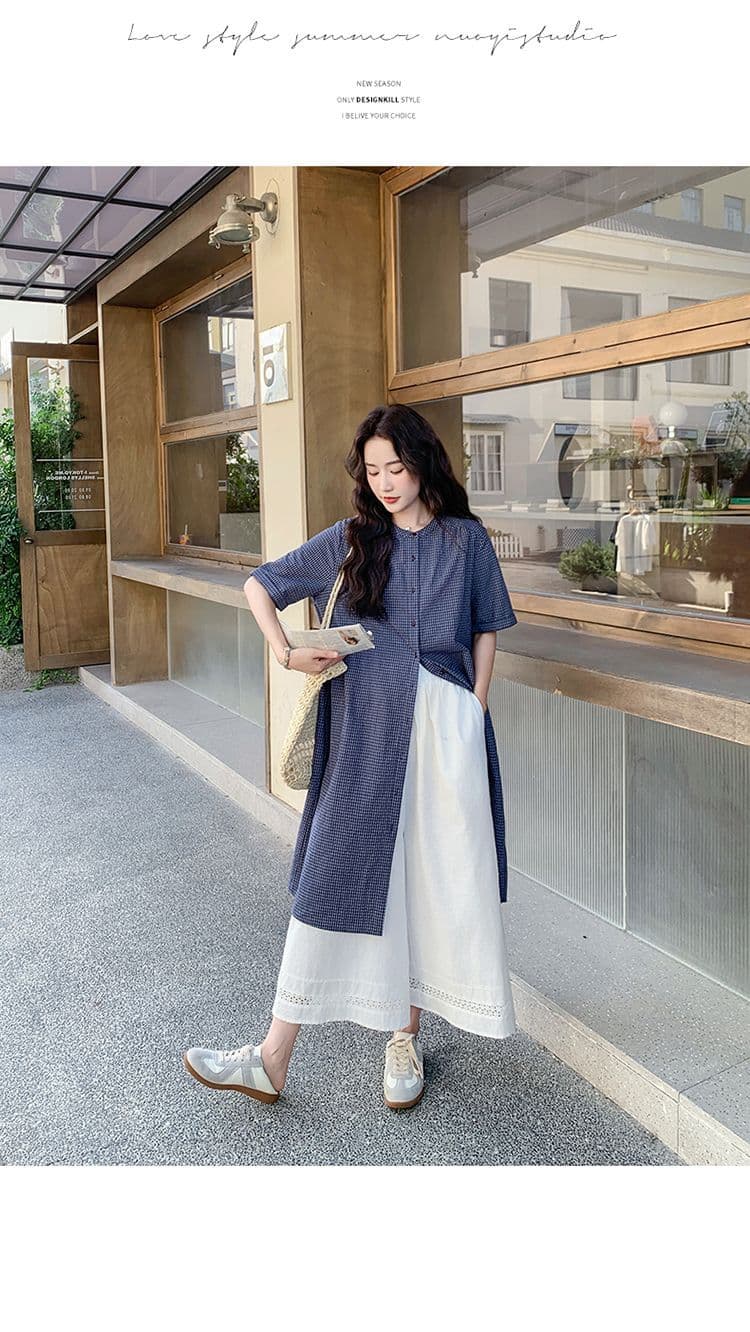작은 청신 격자 무늬 셔츠 드레스 와이드 레그 팬츠 세트 여성 여름 2026 새로운 투피스 세트 ootd 착용 가져 가라. 연령 감소 상세 이미지 8
