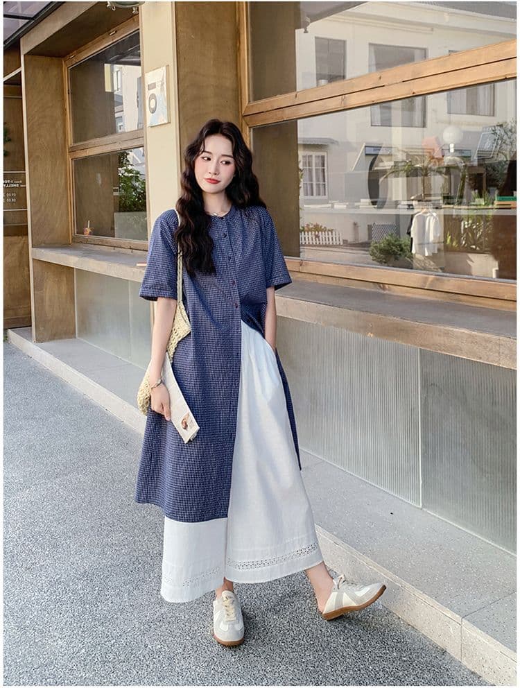 작은 청신 격자 무늬 셔츠 드레스 와이드 레그 팬츠 세트 여성 여름 2026 새로운 투피스 세트 ootd 착용 가져 가라. 연령 감소 상세 이미지 9