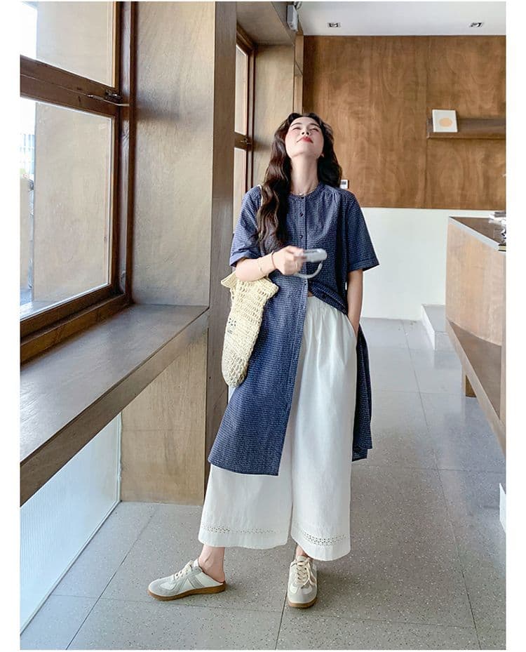 작은 청신 격자 무늬 셔츠 드레스 와이드 레그 팬츠 세트 여성 여름 2026 새로운 투피스 세트 ootd 착용 가져 가라. 연령 감소 상세 이미지 12